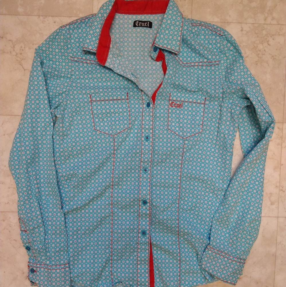 Cruel blue and white button-up blouse